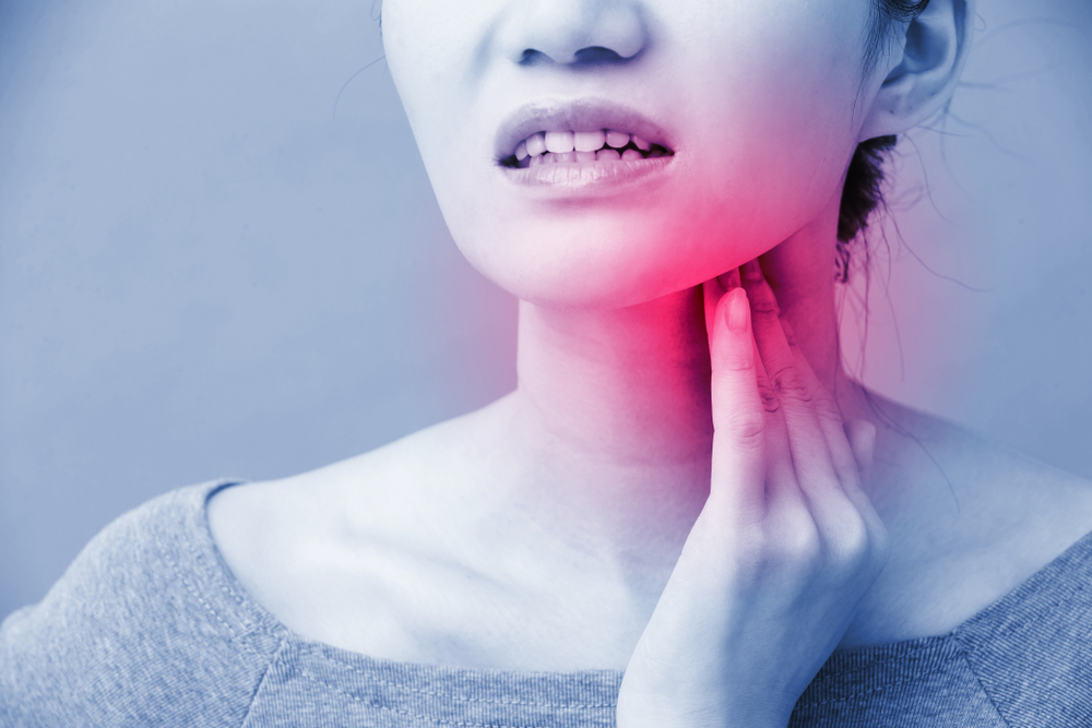 Women,With,Thyroid,Gland,Problem,On,The,Blue,Background
