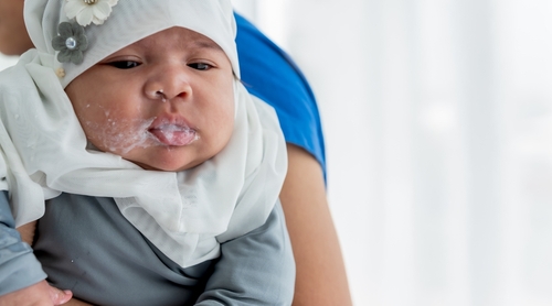 Muslim,Baby,Newborn,Girl,Is,Spits,Up,Her,Milk,Beacause