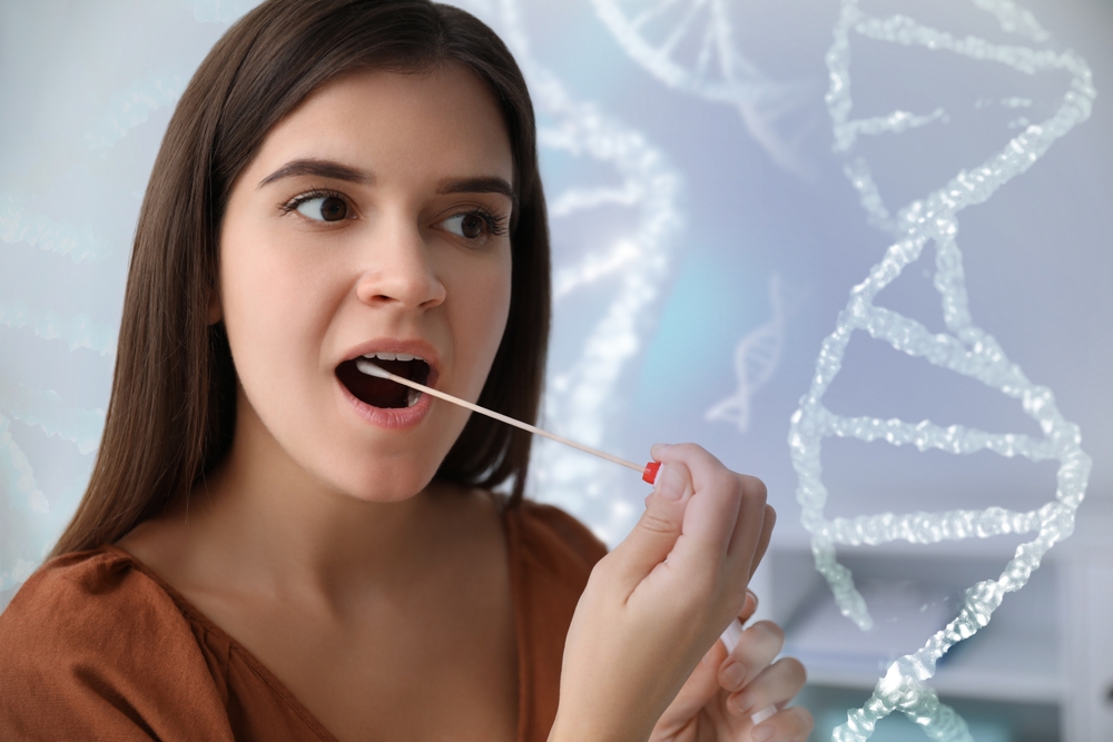Woman,Taking,Sample,For,Genetic,Testing,Indoors.,Illustration,Of,Dna